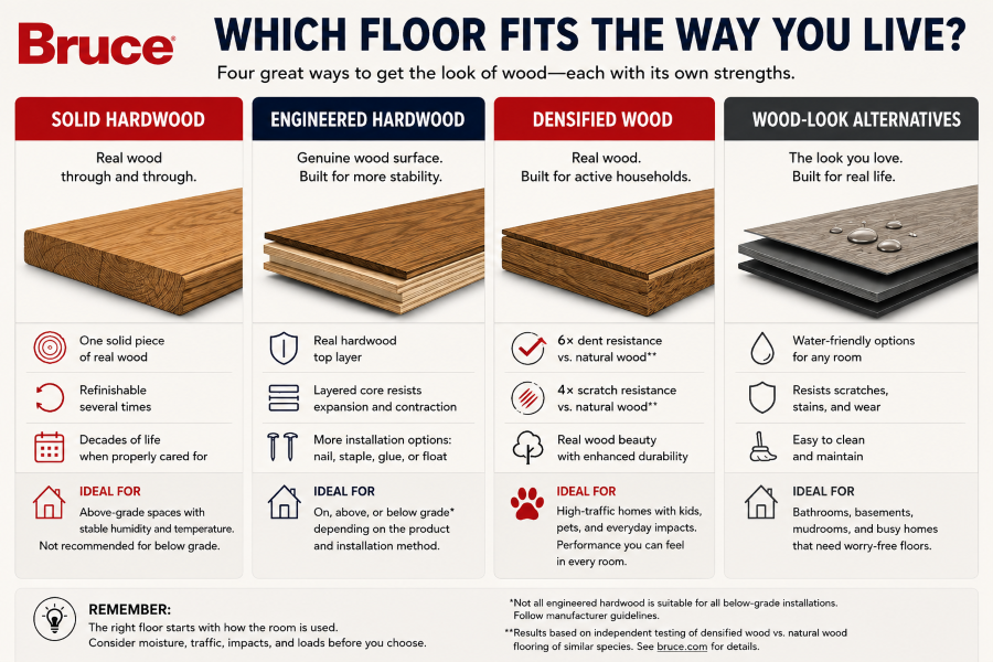 Illustration: 4 Wood Flooring Options: solid hardwood, engineered hardwood, densified wood, wood-look