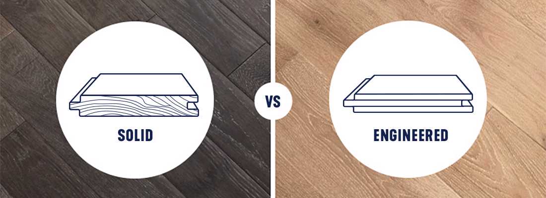 solid hardwood vs engineered hardwood icons with flooring swatches in background