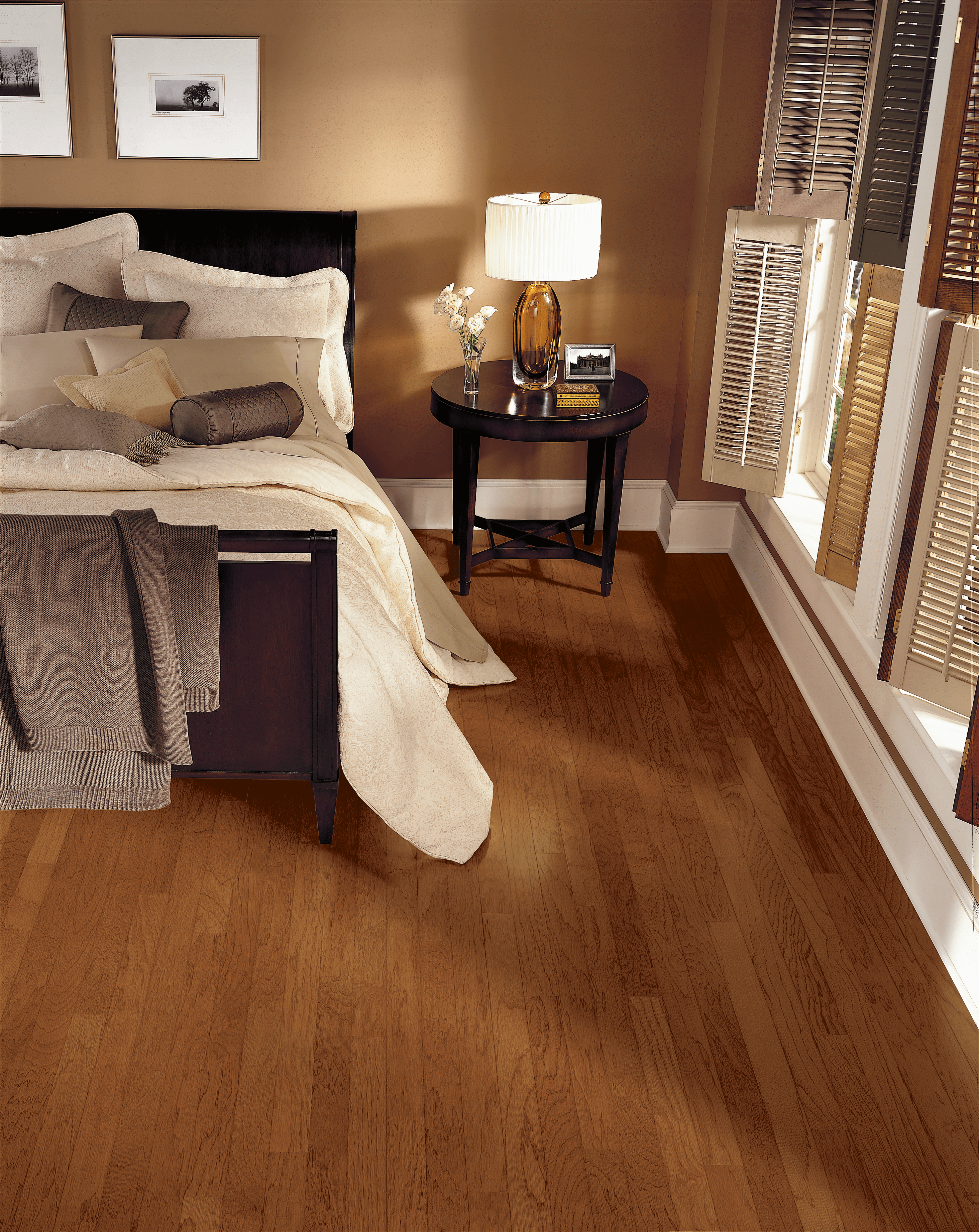 Bedroom with hickory engineered hardwood flooring from Bruce