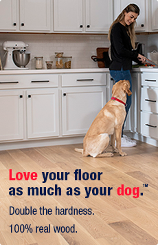 Woman in kitchen with dog on Bruce Dogwood flooring
